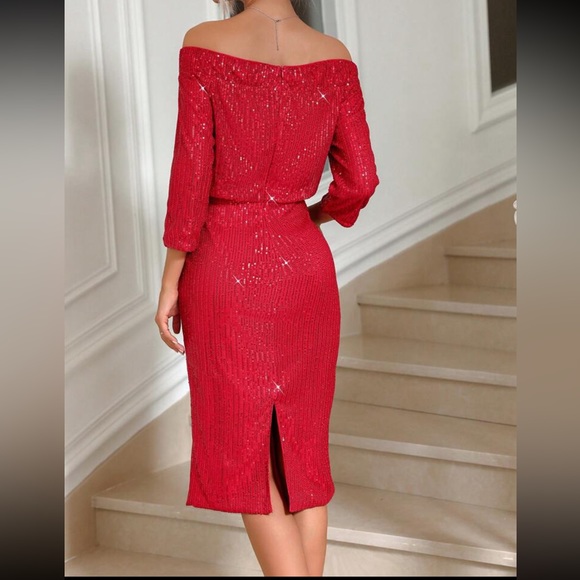 Luxe off shoulder slit thigh midi sequins dress - Picture 2 of 6